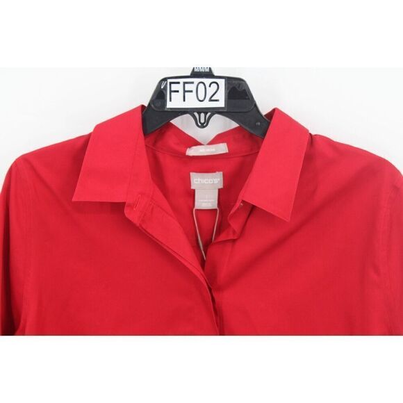 Chicos 1 No Iron S Sateen Tunic Top Button Front Red Stiletto Long Sleeve NEW - Picture 2 of 7